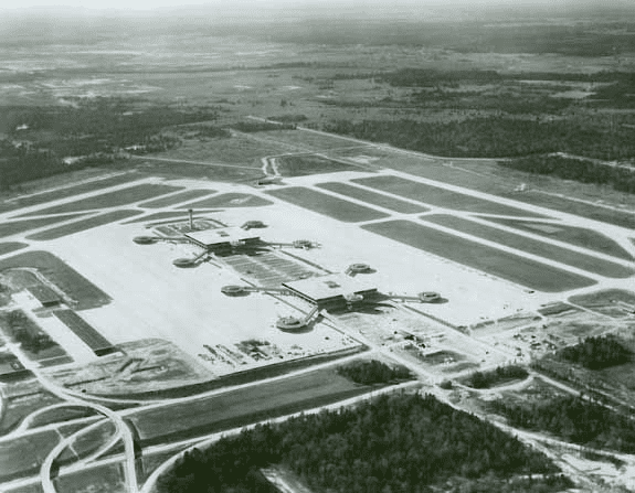 An aerial view of the airport during its construction phase.