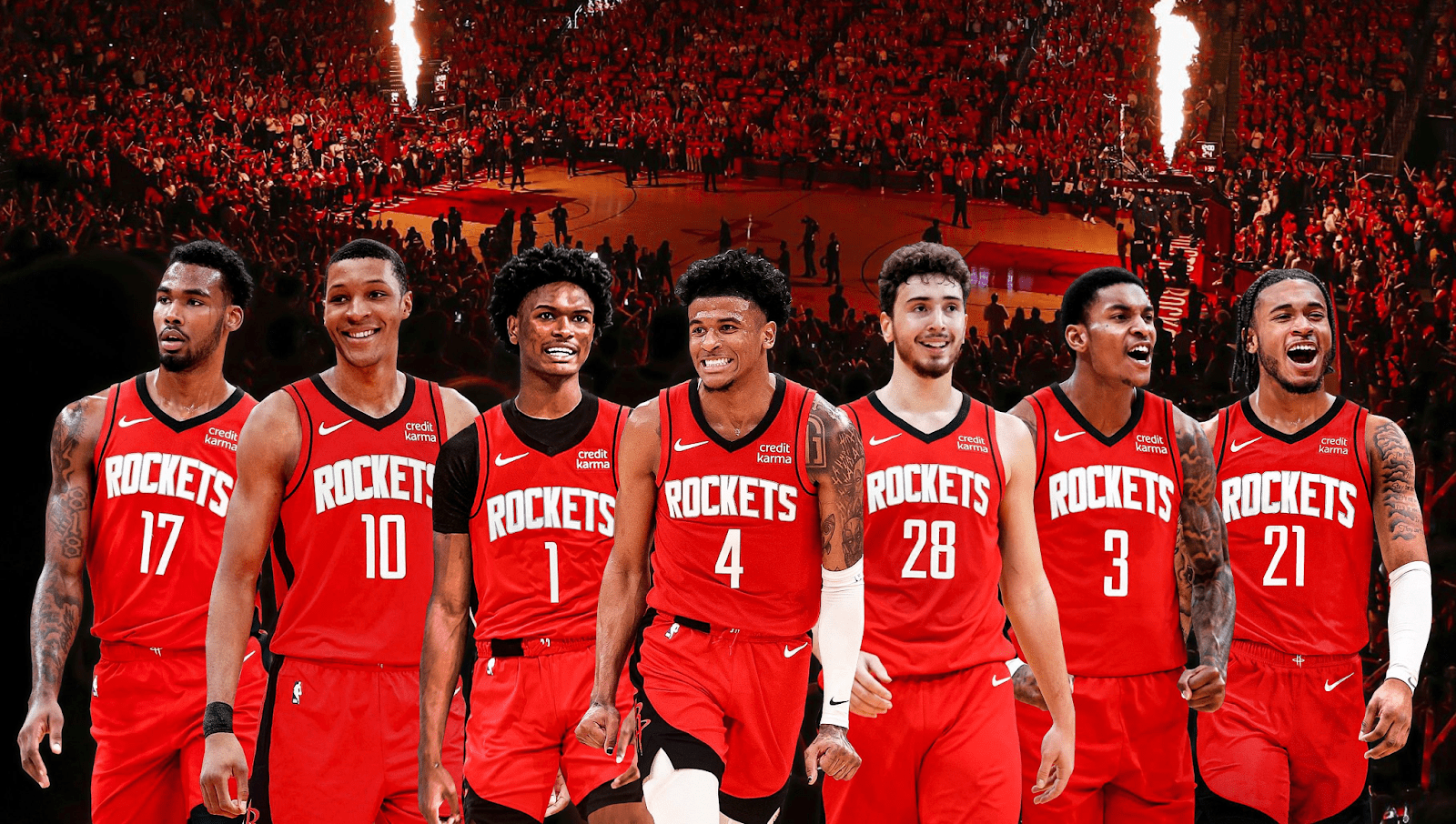 A collage of Houston's sports teams, including the Rockets and Texans.