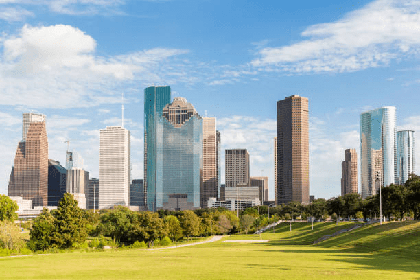 The stunning Houston skyline, featuring the JPMorgan Chase Tower and Williams Tower.